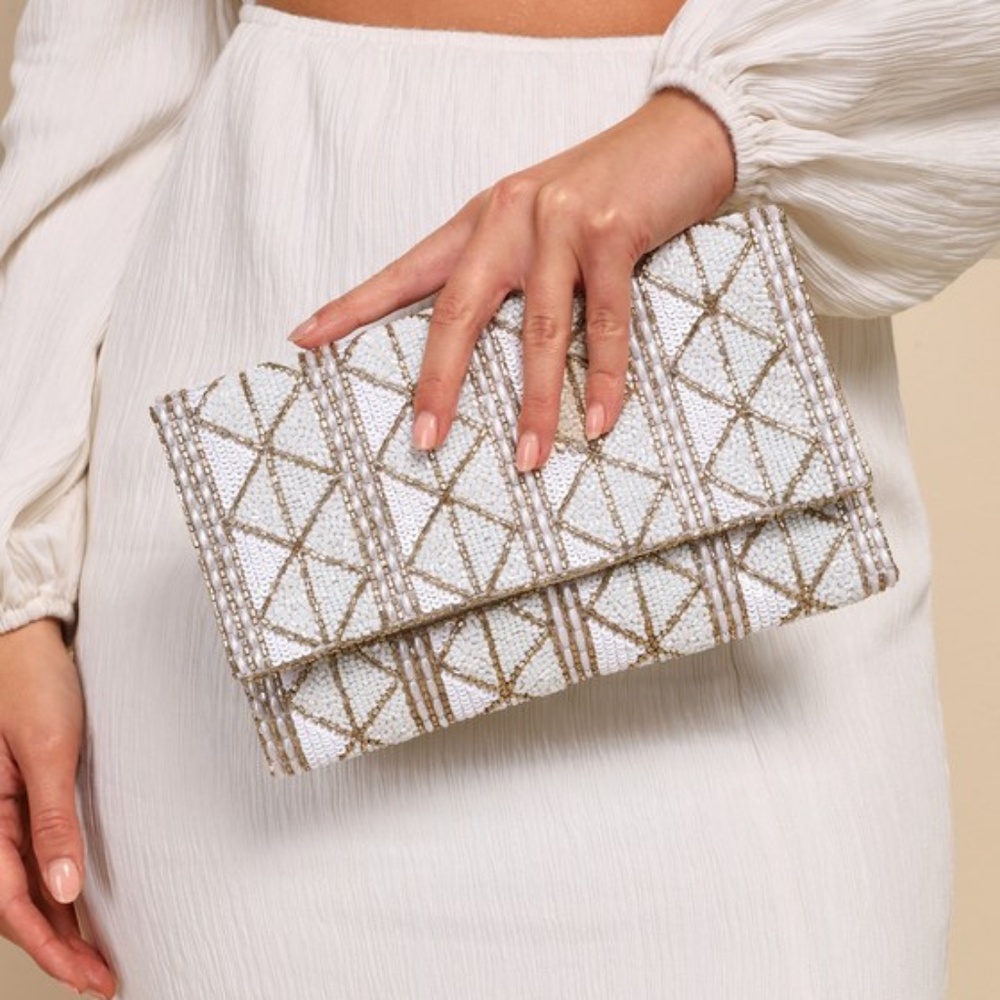 Lulus Glowing Perception Ivory And Gold Geometric Beaded Sequin Clutch White